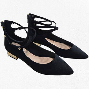 Aldo Black Suede Marieta Lace-Up Flats Gold Heel Zip Ballet Shoes Size 6.5 NWT
